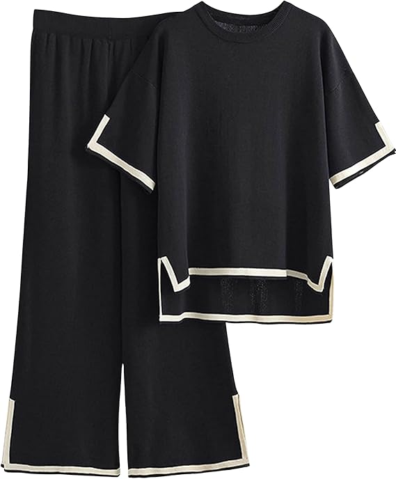 Women 2 Piece Lounge Sets Short Sleeve Knit Pullover Tops Wide Leg Pants