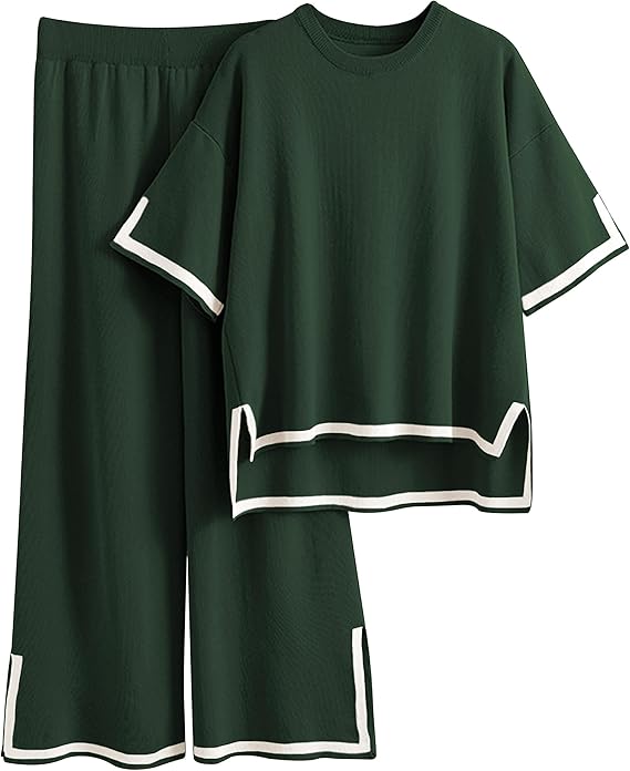 Women 2 Piece Lounge Sets Short Sleeve Knit Pullover Tops Wide Leg Pants
